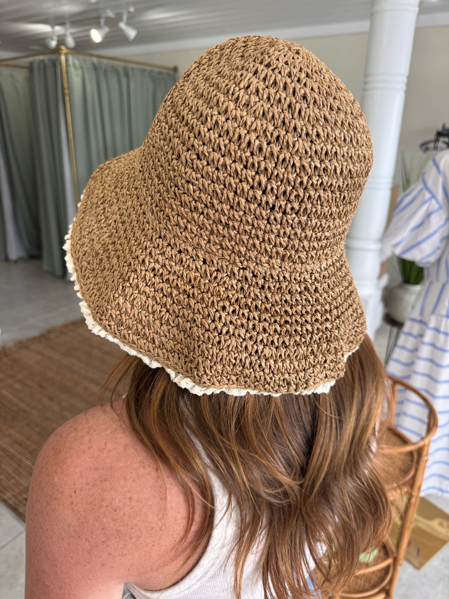 Lace Trim Straw Bucket Hat