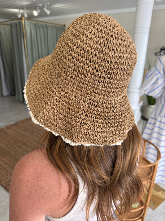Lace Trim Straw Bucket Hat