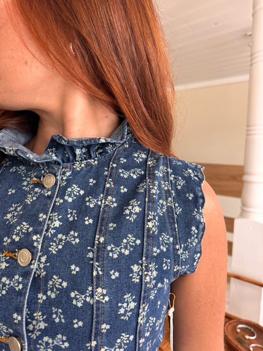 Floral Print Ruffled Collar Denim Dress