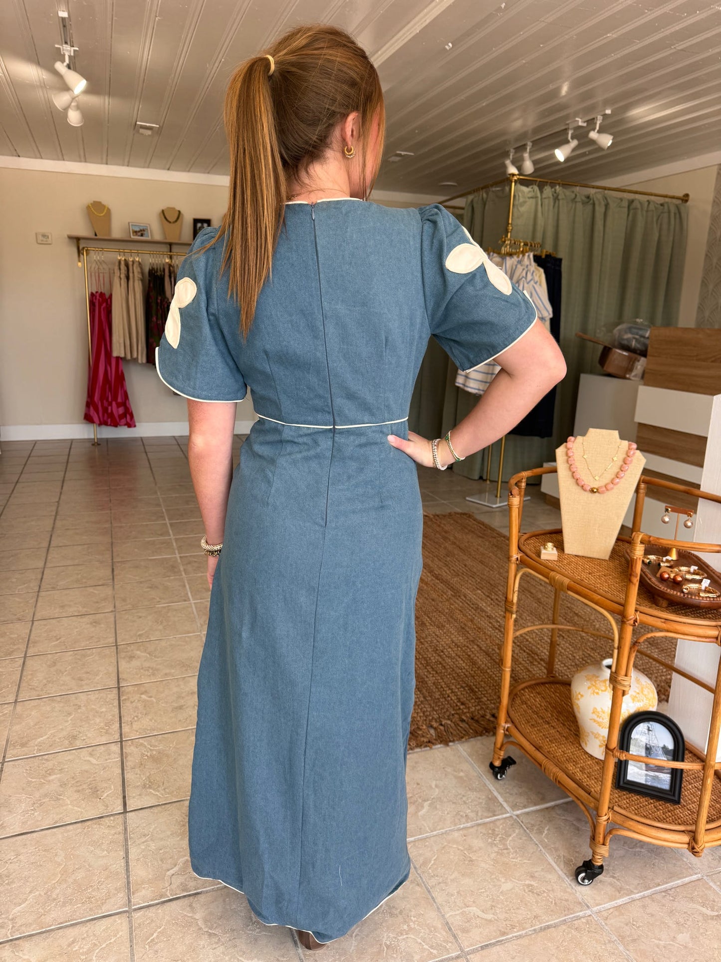 Floral Applique Maxi Denim Dress