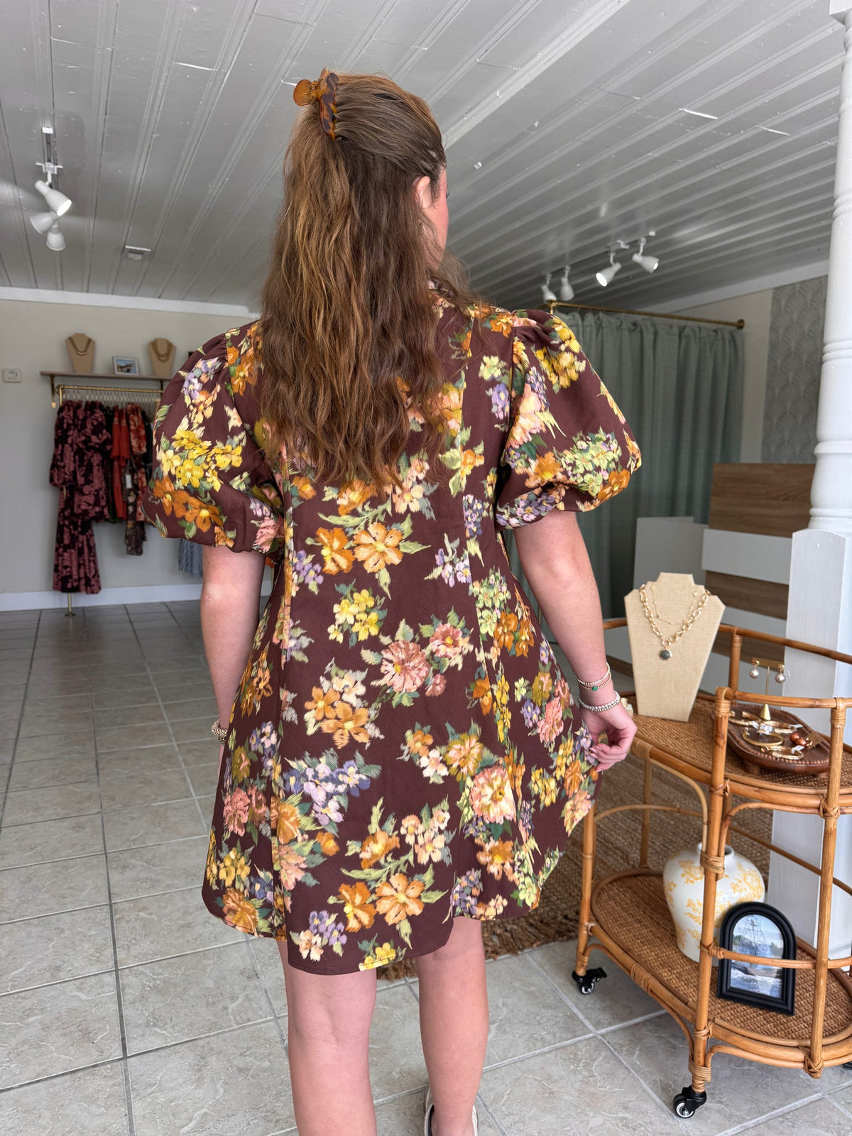 Plum Floral Puff Sleeve Mini Dress