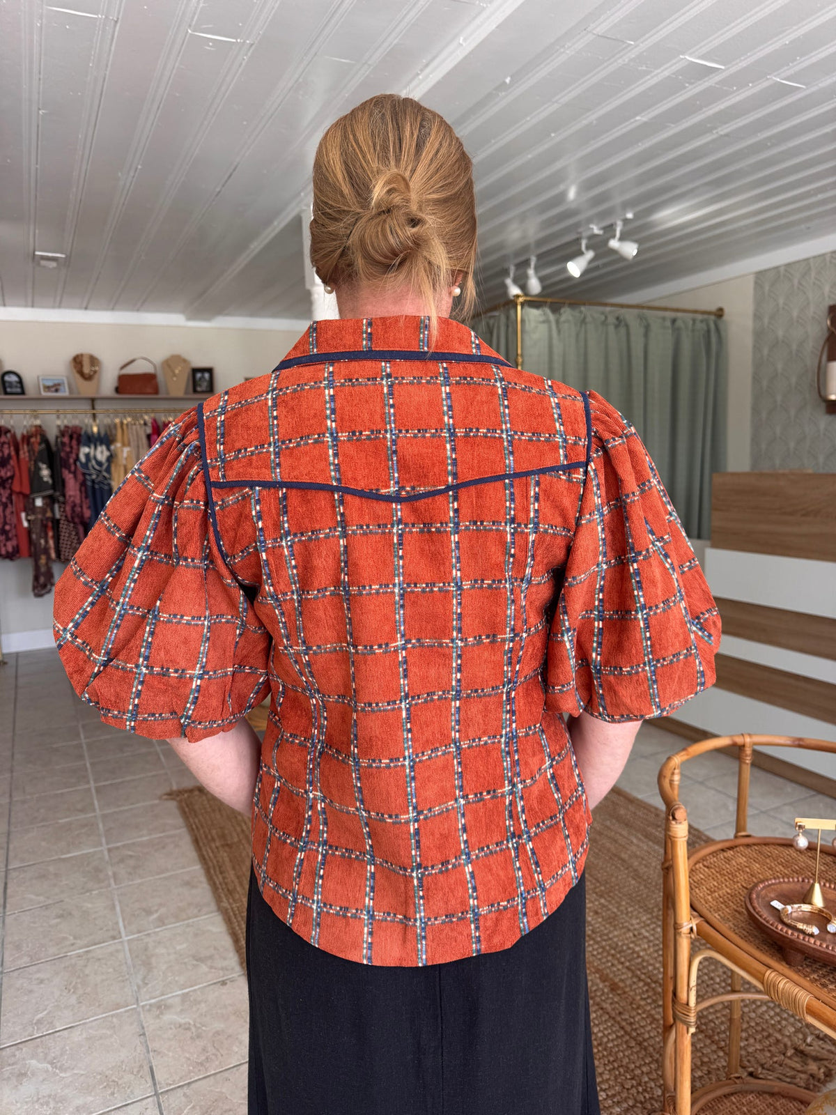 Puff Sleeve Plaid Corduroy Top