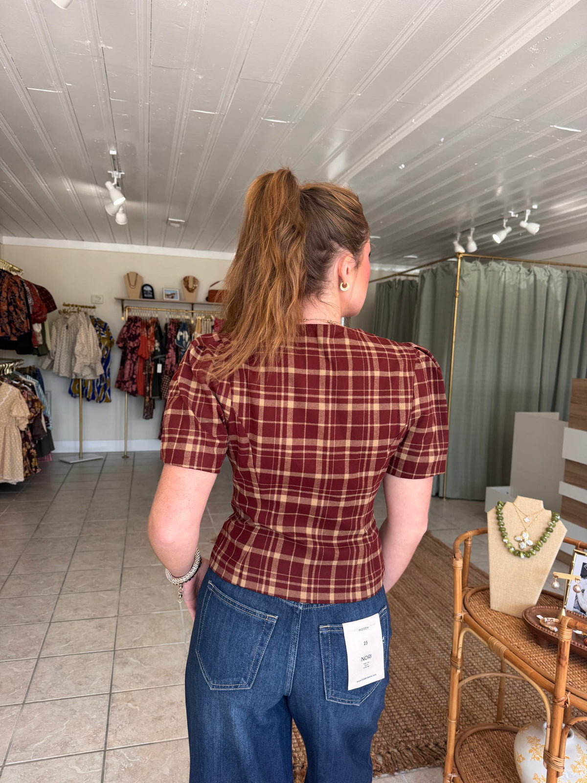 Plaid Puff Sleeve Blouse