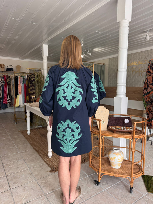 Floral Applique Mini Dress (Navy)