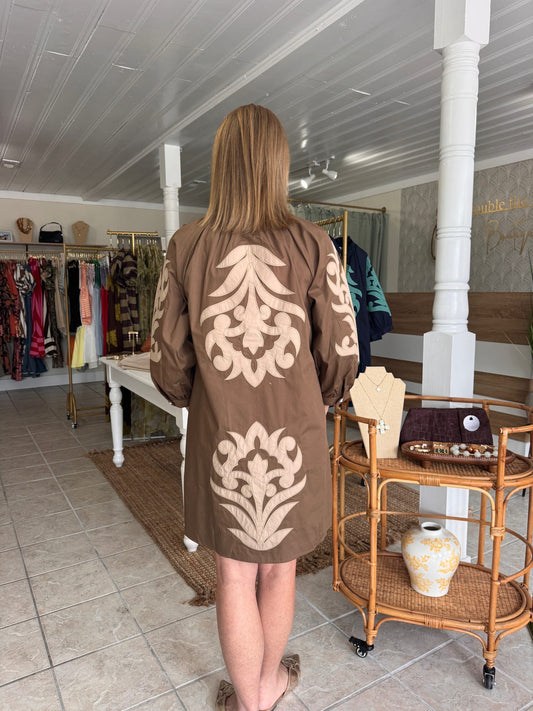 Floral Applique Mini Dress (Brown)