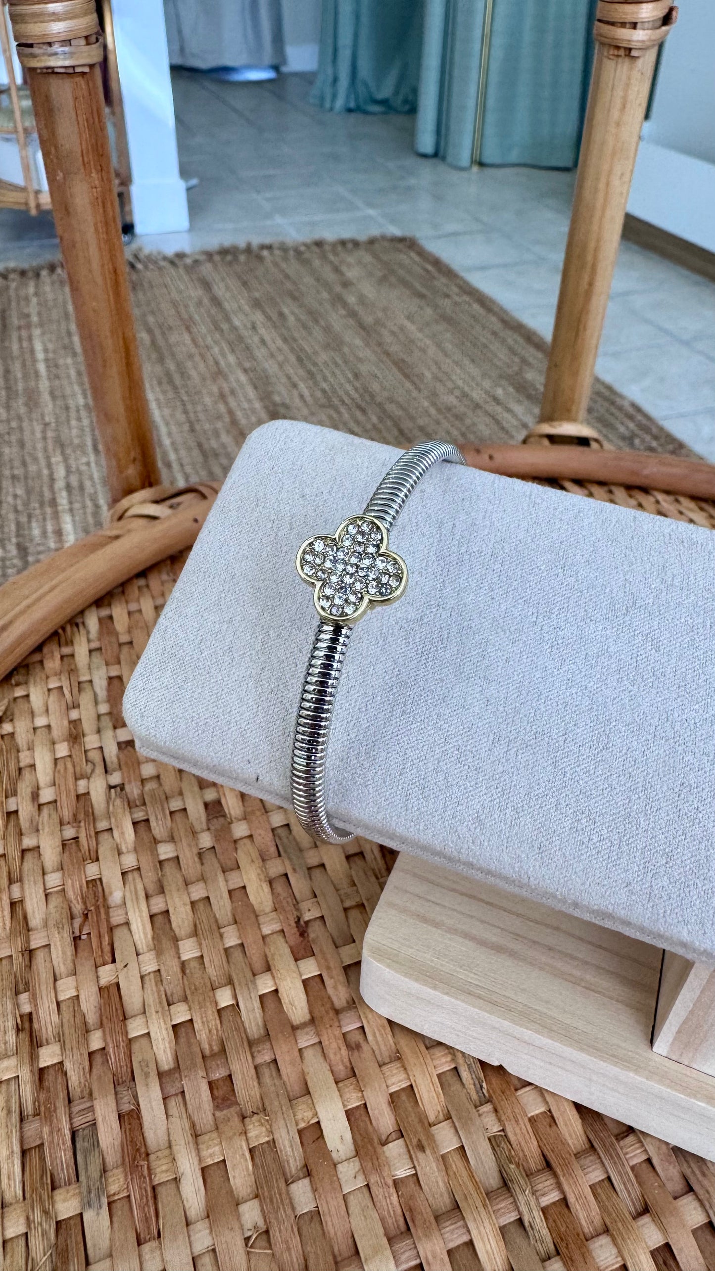 Pave Clover Omega Cable Cuff