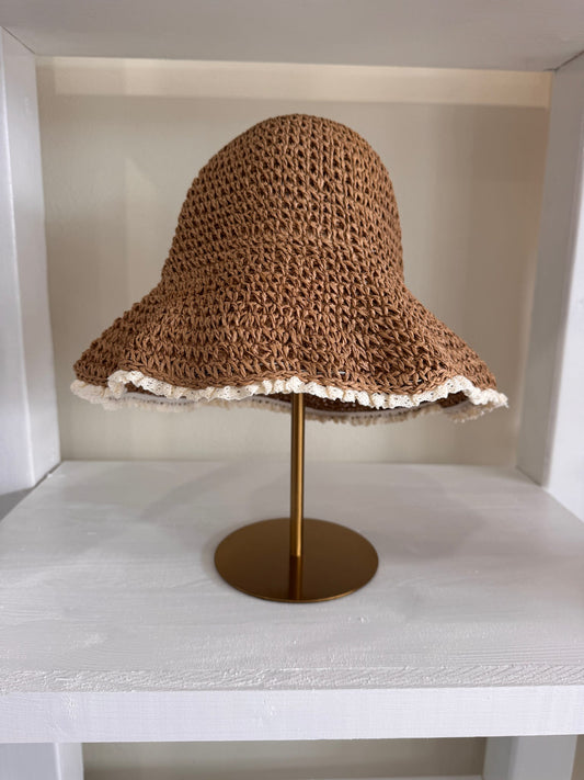 Lace Trim Straw Bucket Hat