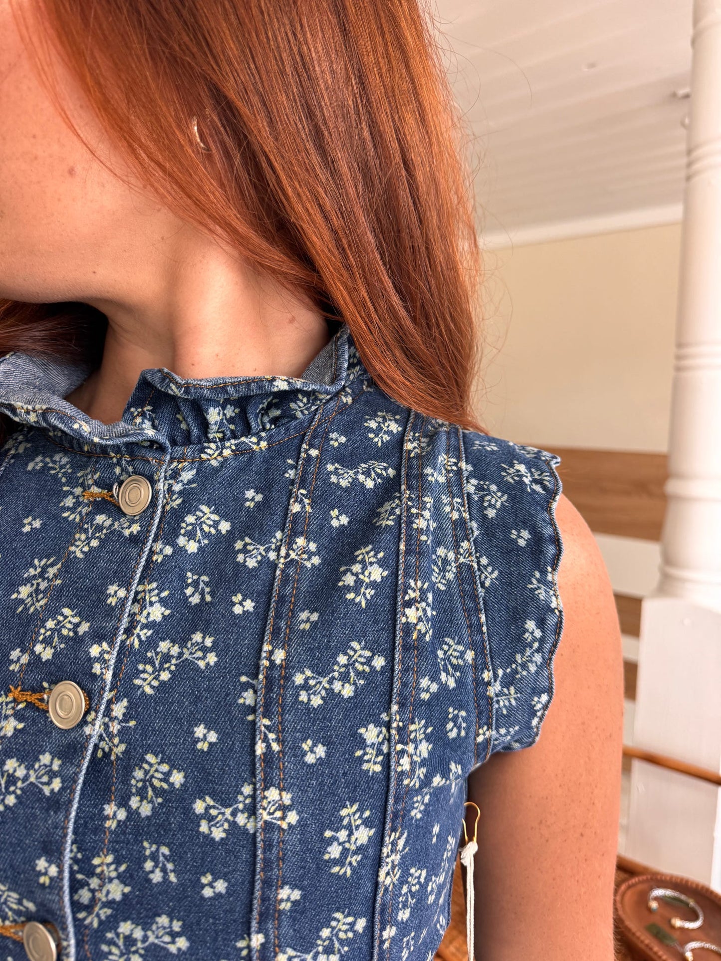 Floral Print Ruffled Collar Denim Dress