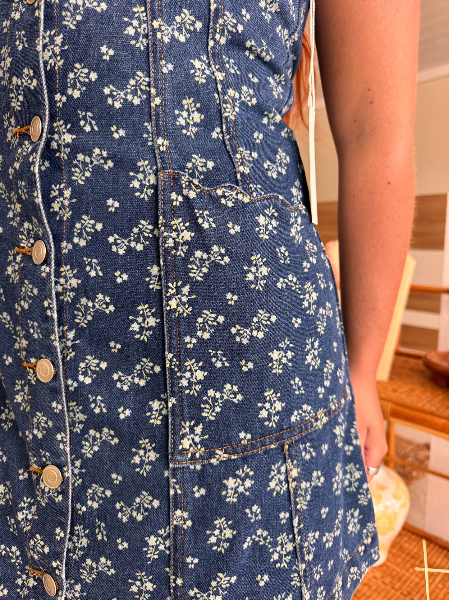 Floral Print Ruffled Collar Denim Dress