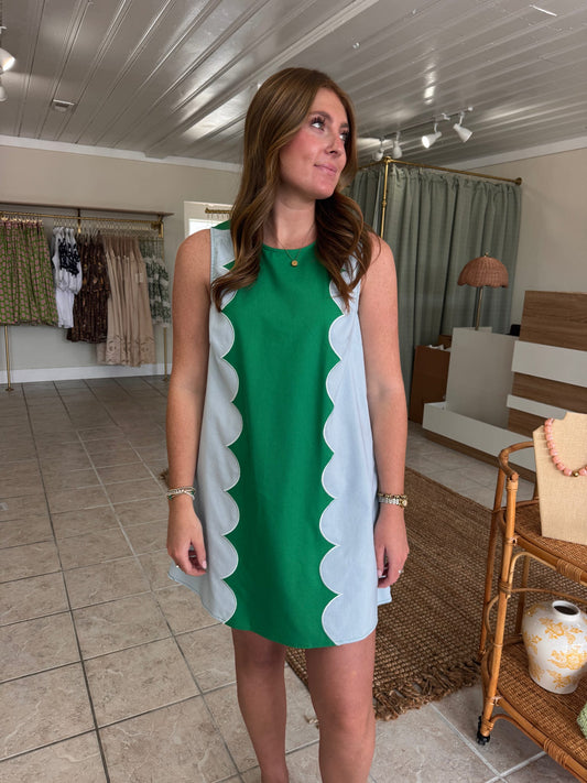 Cotton Blend Dress W/ Scalloped Panels