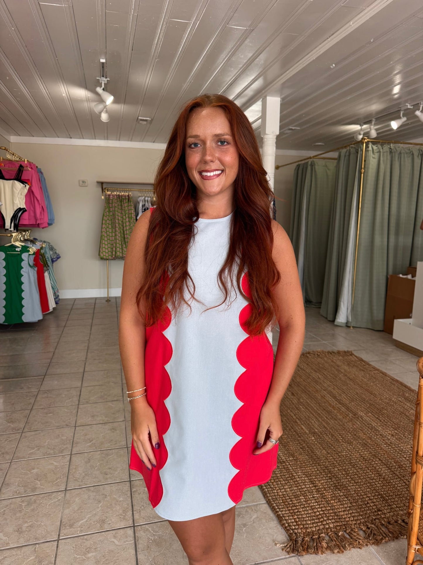 Cotton Blend Dress W/ Scalloped Panels