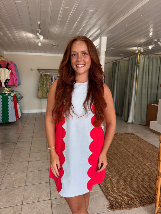 Cotton Blend Dress W/ Scalloped Panels