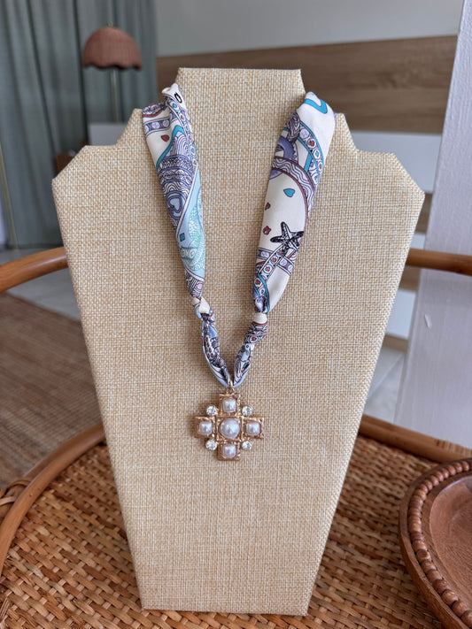 Geometric Cross Pendant Scarf Necklace