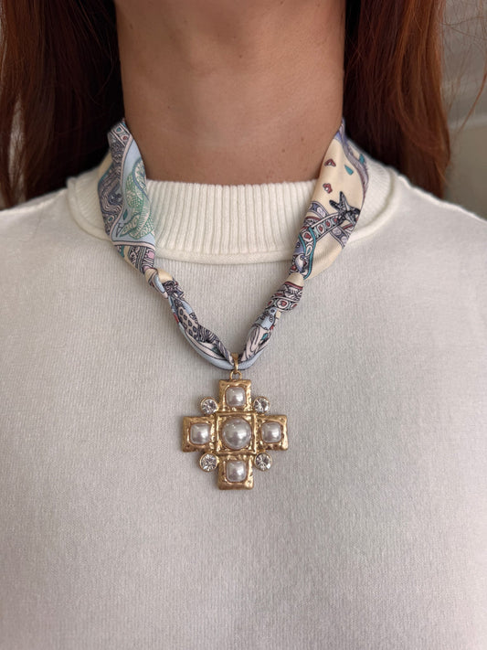 Geometric Cross Pendant Scarf Necklace