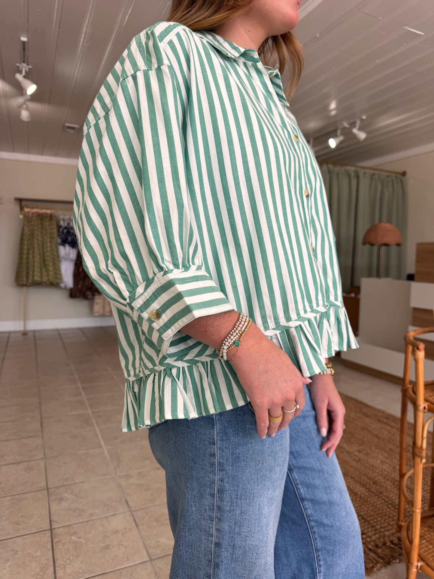 Woven Cotton Striped Button Down Top