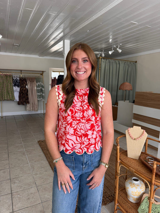 Floral Print Scallop Edge Top