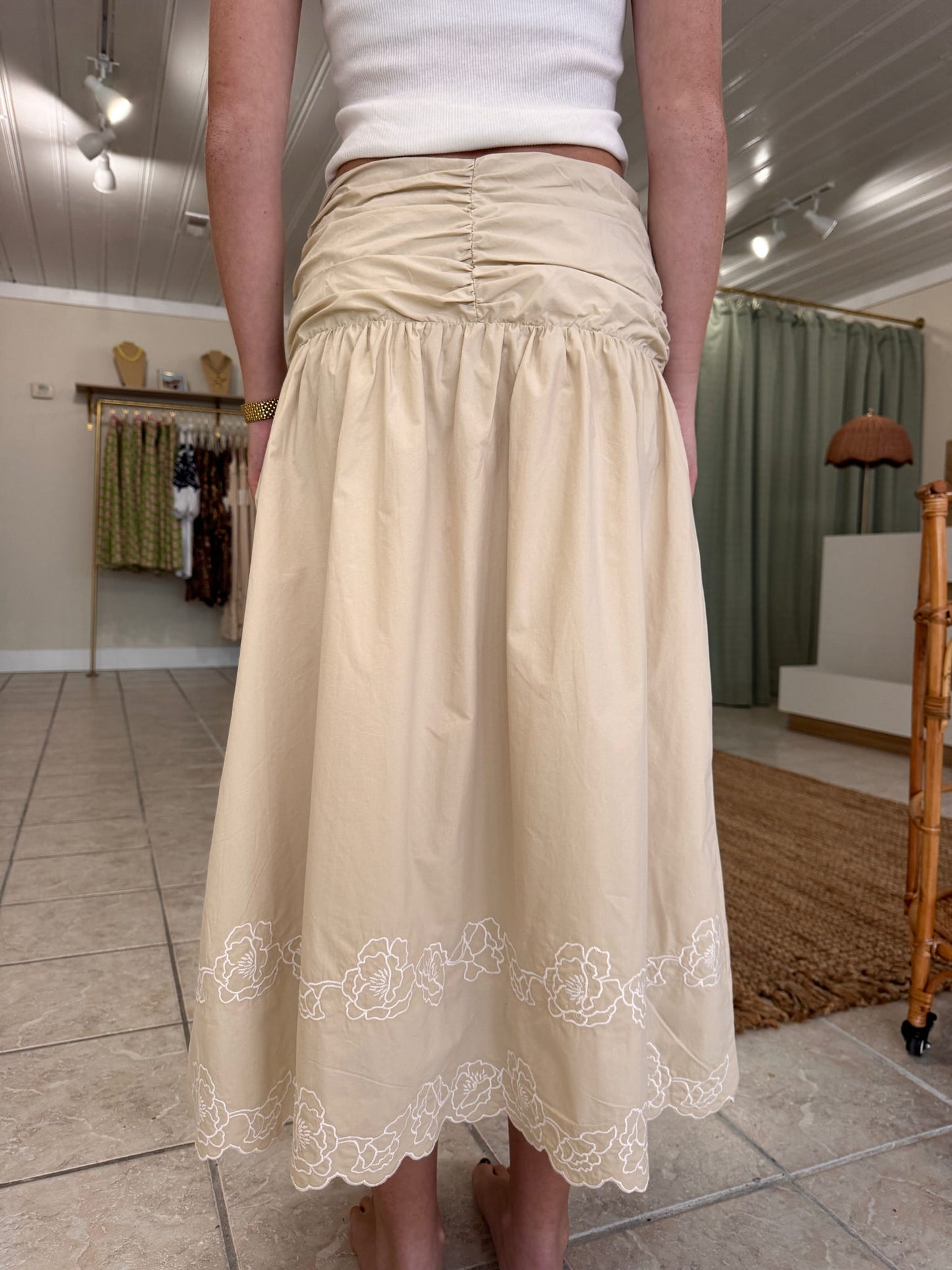 Woven Cotton Floral Embroidered Midi Skirt