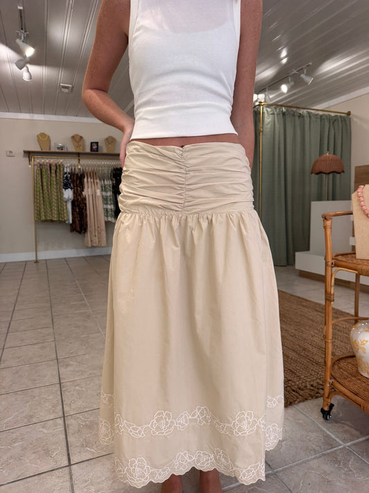 Woven Cotton Floral Embroidered Midi Skirt