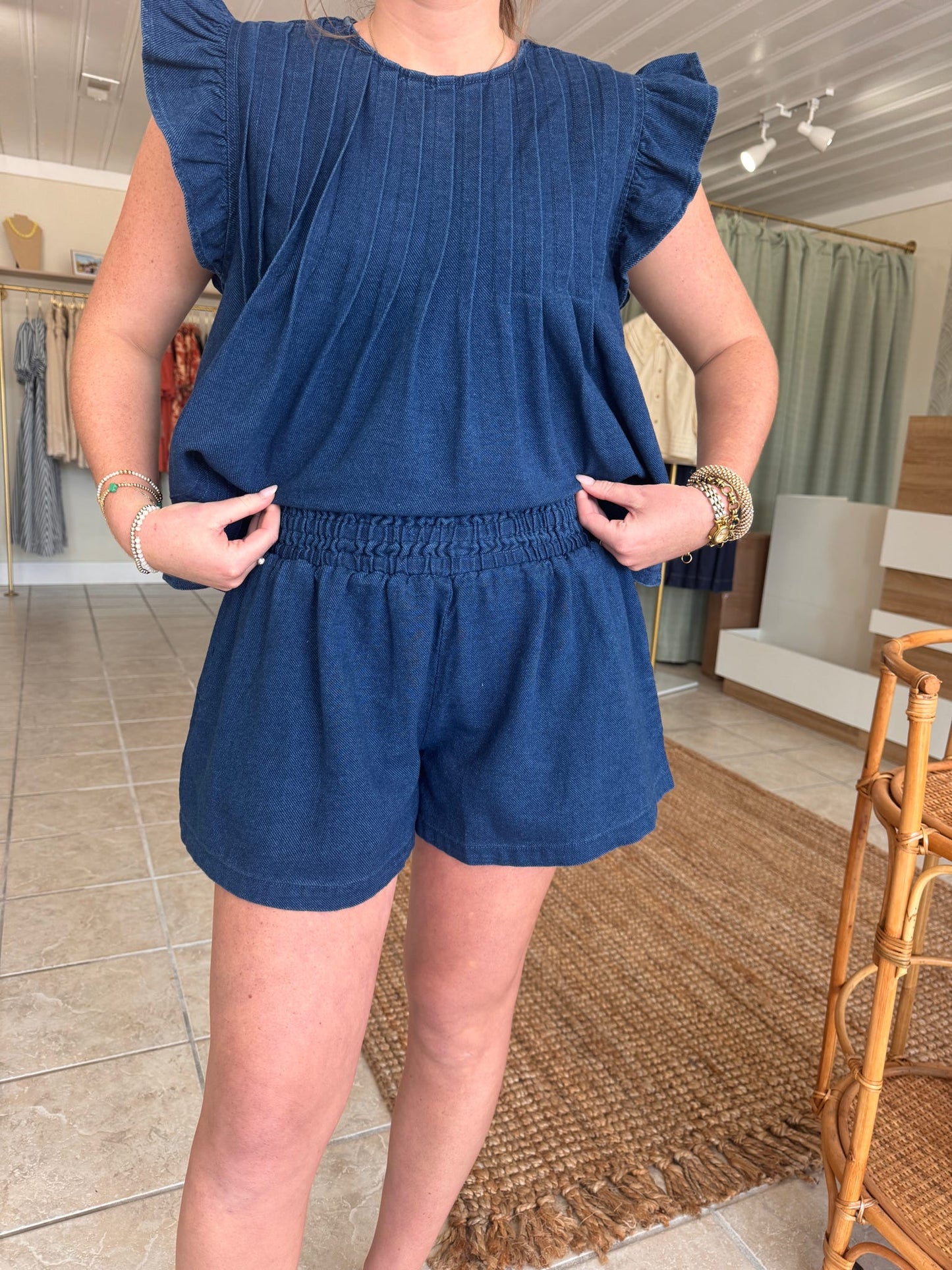 Smocked Denim Shorts