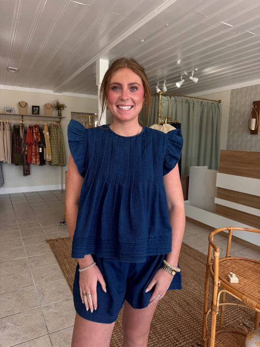 Denim Ruffle Sleeve Top