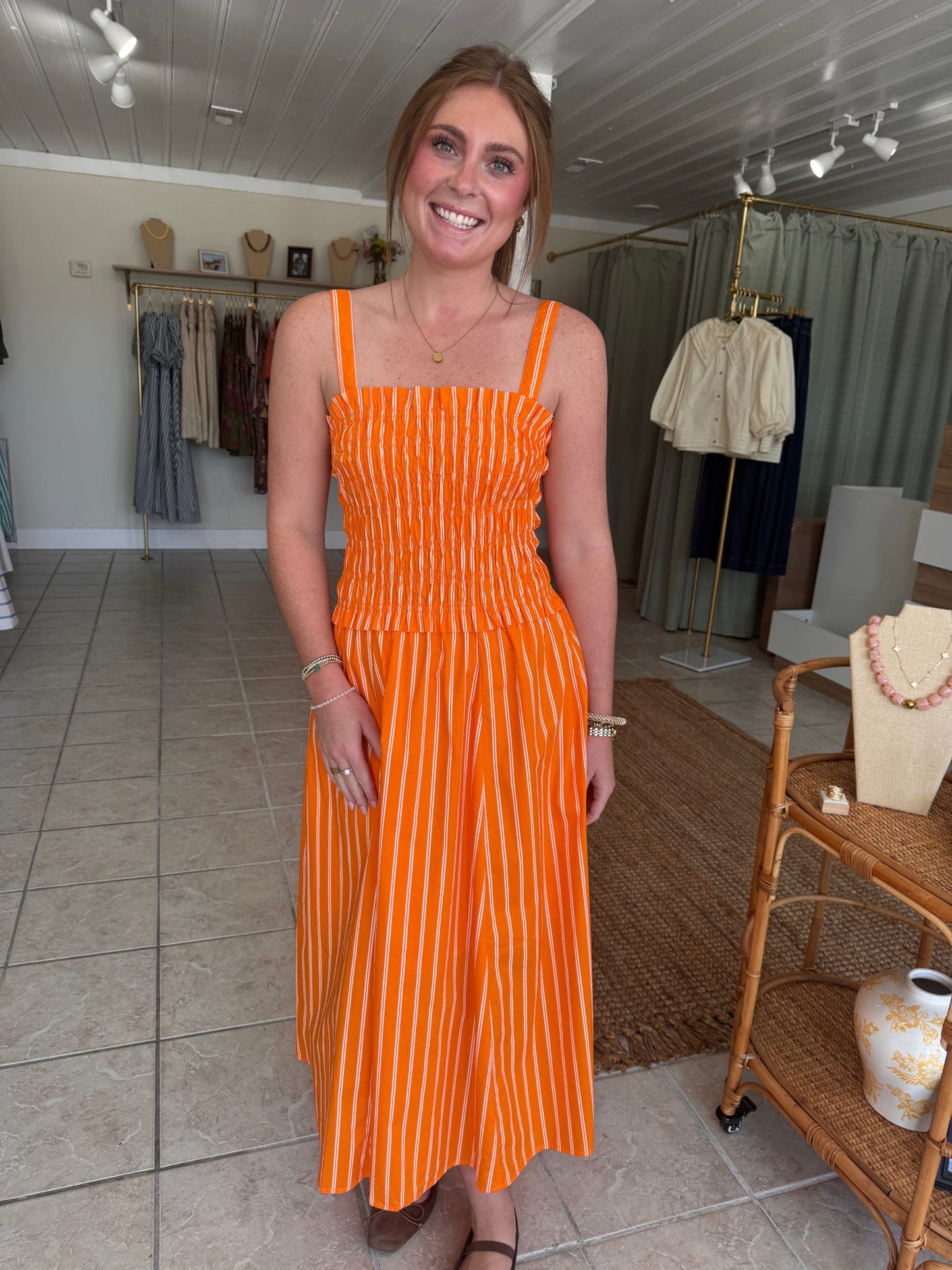Striped Smocked Midi Dress