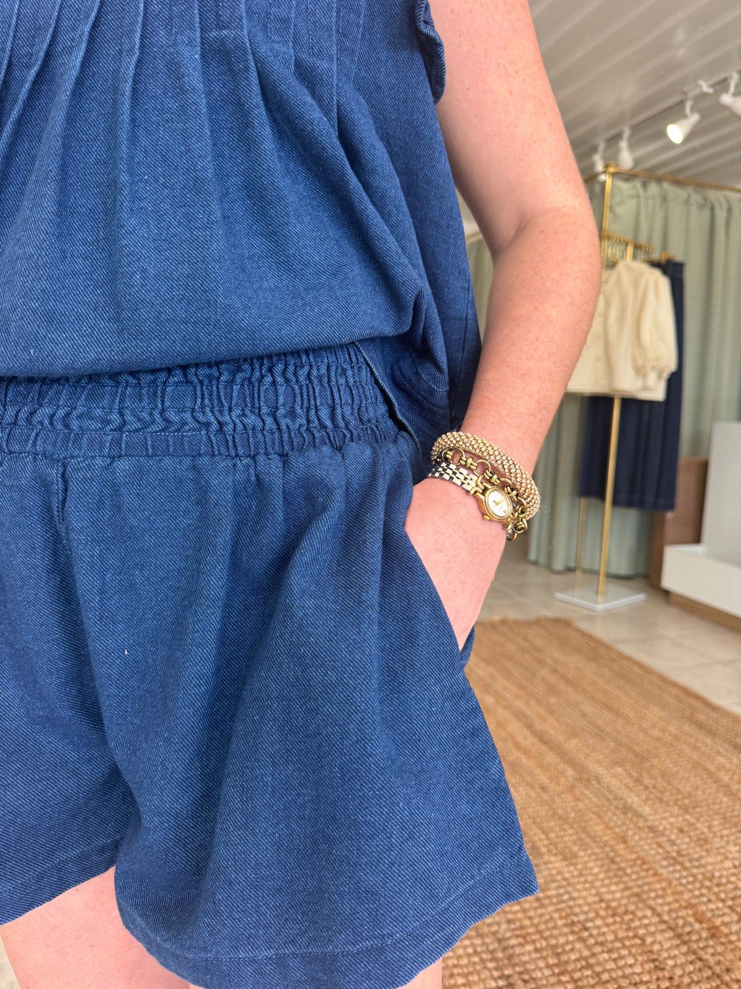 Smocked Denim Shorts