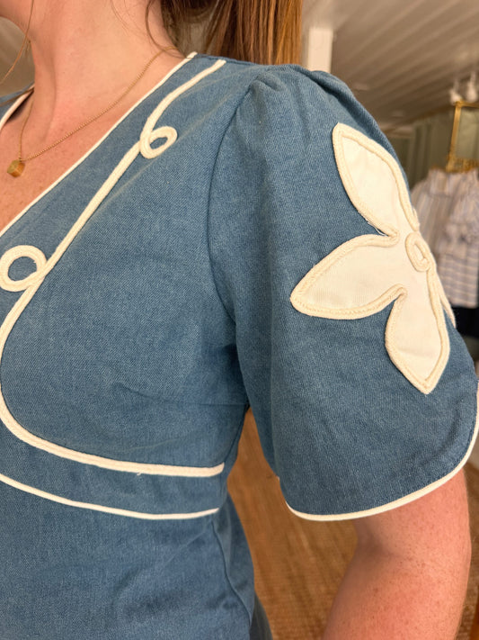 Floral Applique Maxi Denim Dress
