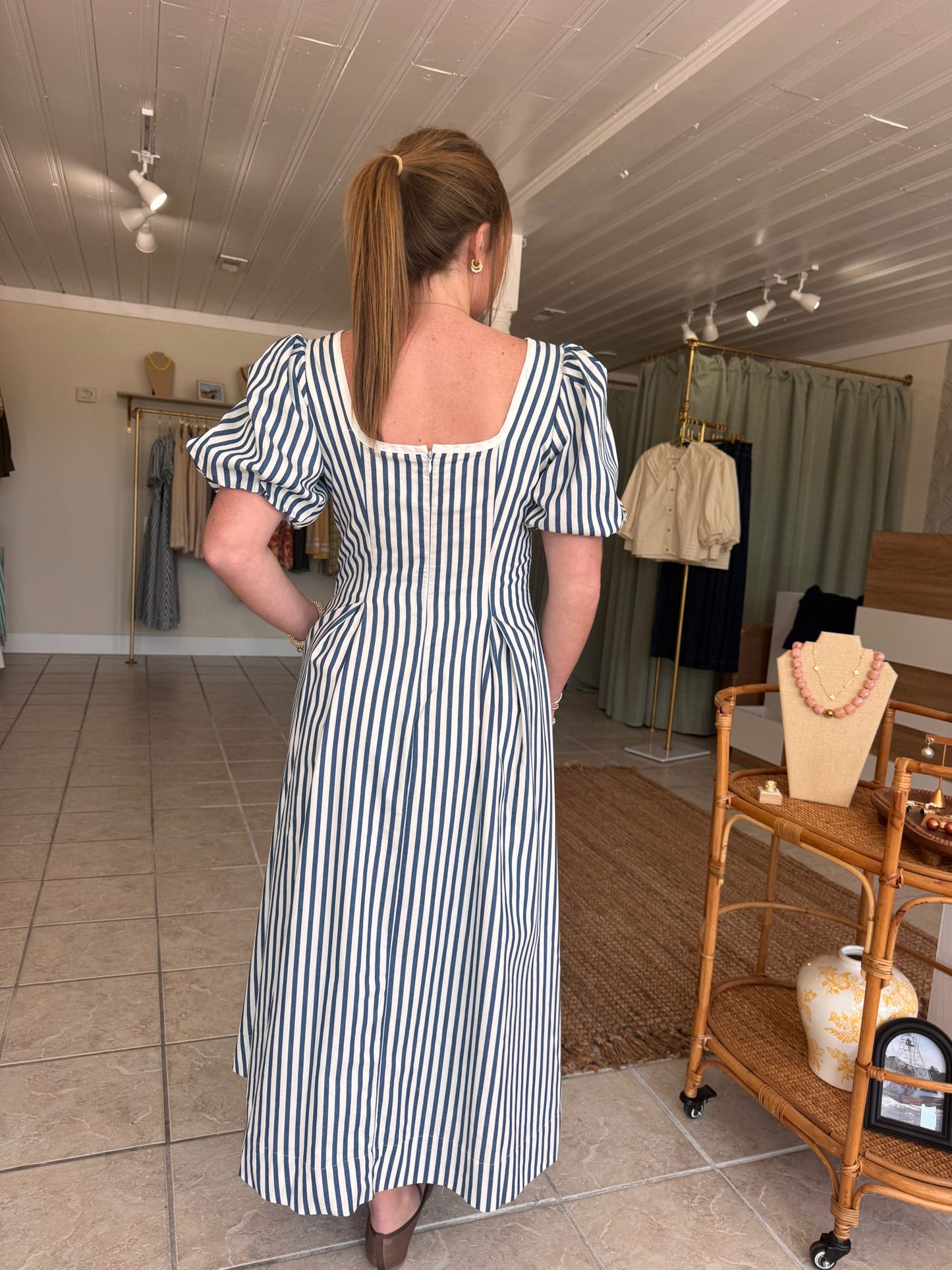 Striped Puff Sleeve Midi Dress