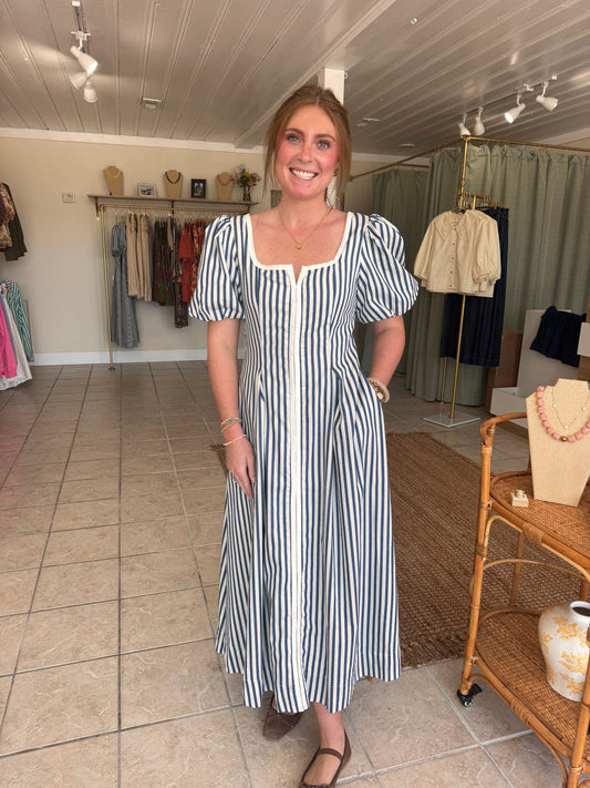 Striped Puff Sleeve Midi Dress