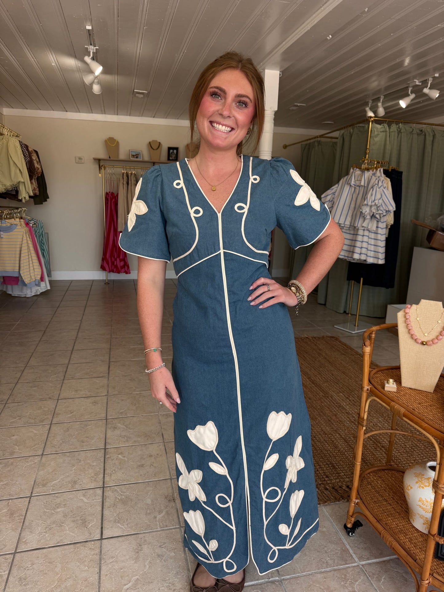 Floral Applique Maxi Denim Dress