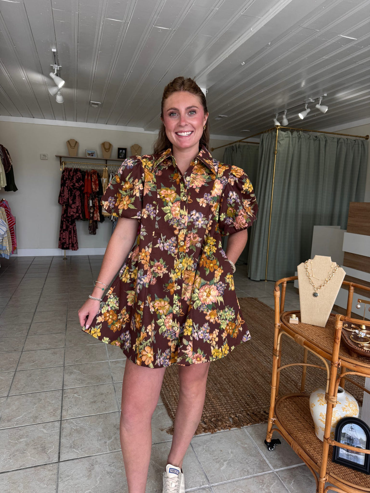 Plum Floral Puff Sleeve Mini Dress
