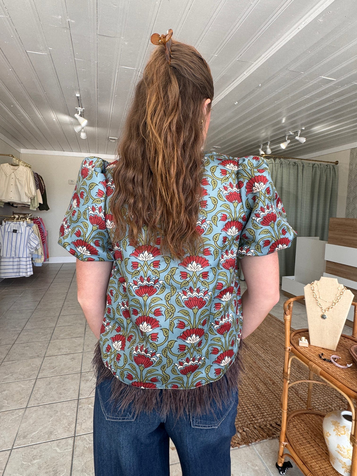 Floral Print Feather Trim Top