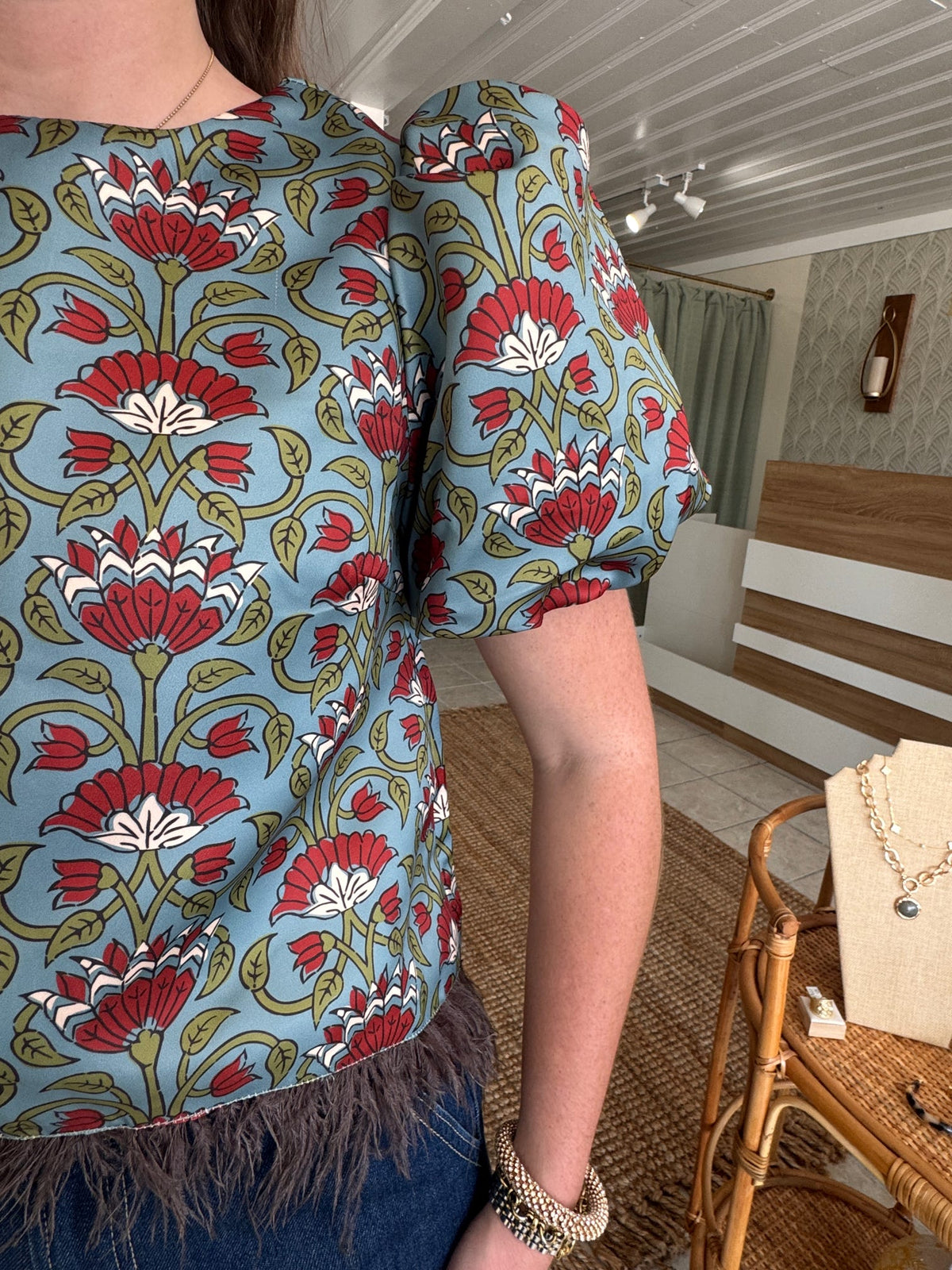 Floral Print Feather Trim Top
