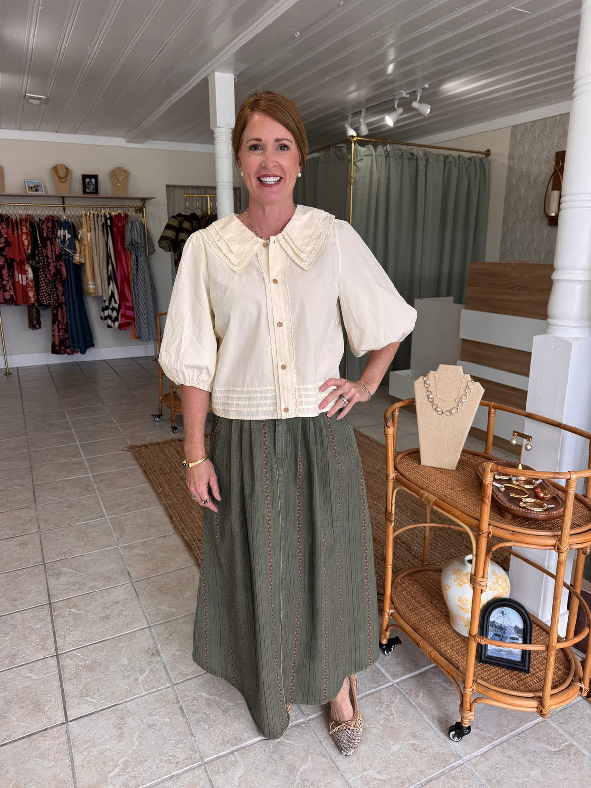 Embroidered Twill Belted Midi Skirt