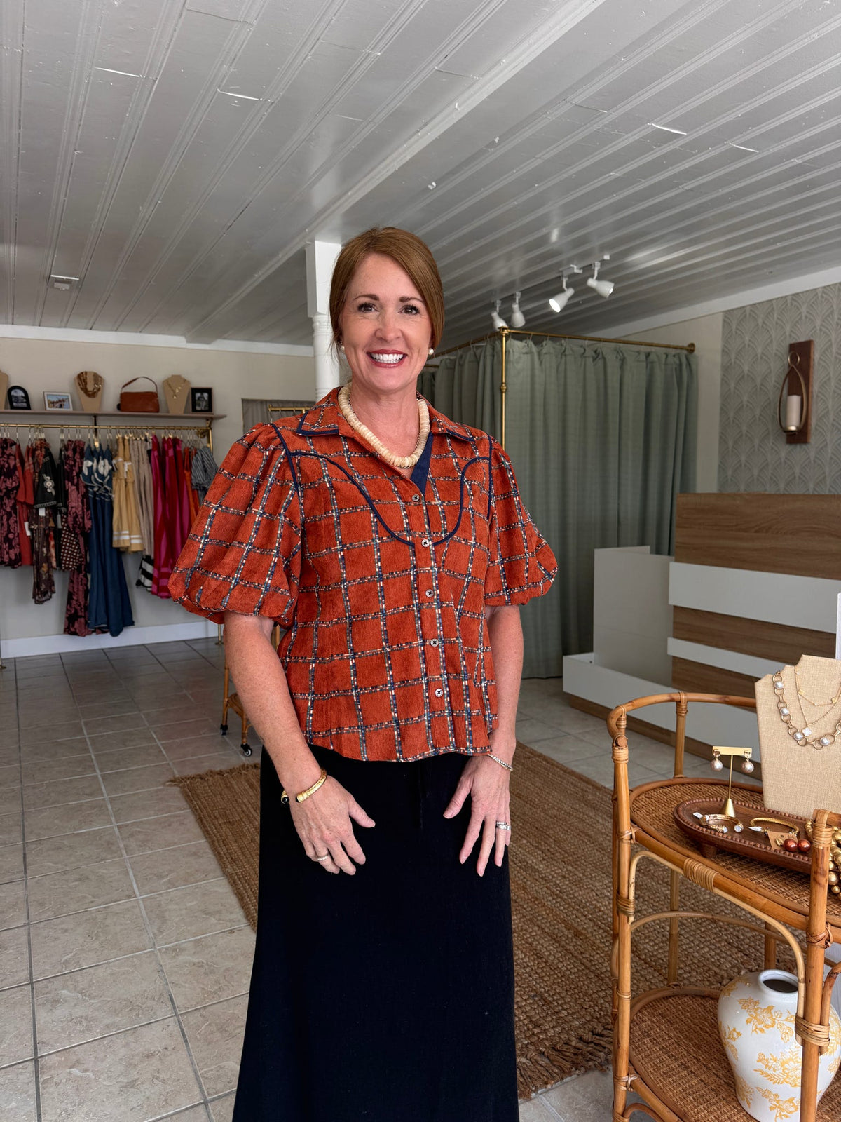 Puff Sleeve Plaid Corduroy Top