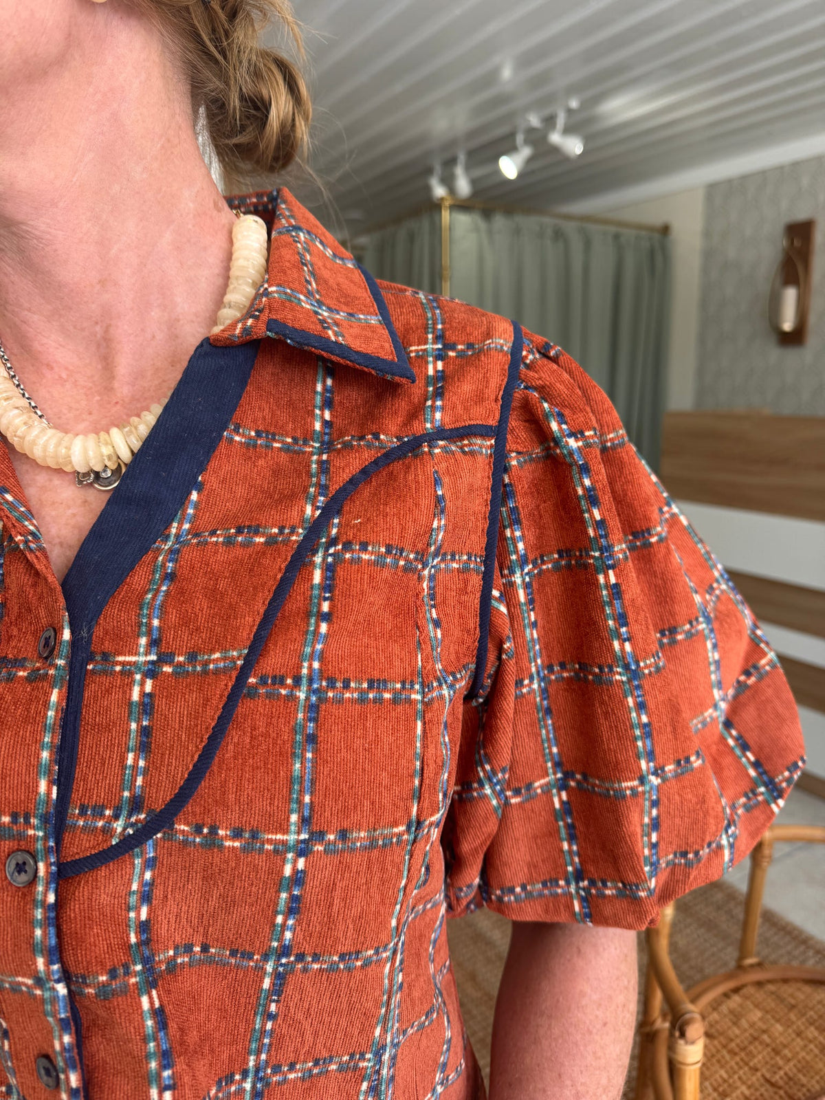 Puff Sleeve Plaid Corduroy Top