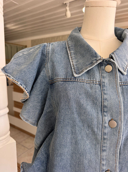 Ruffle Sleeve Denim Top (Plus Size)