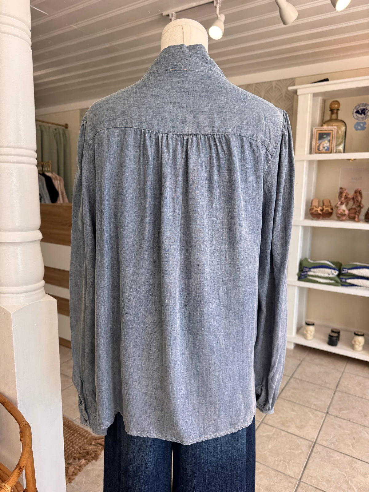 Tie Neck Denim Button Up Blouse (Plus Size)