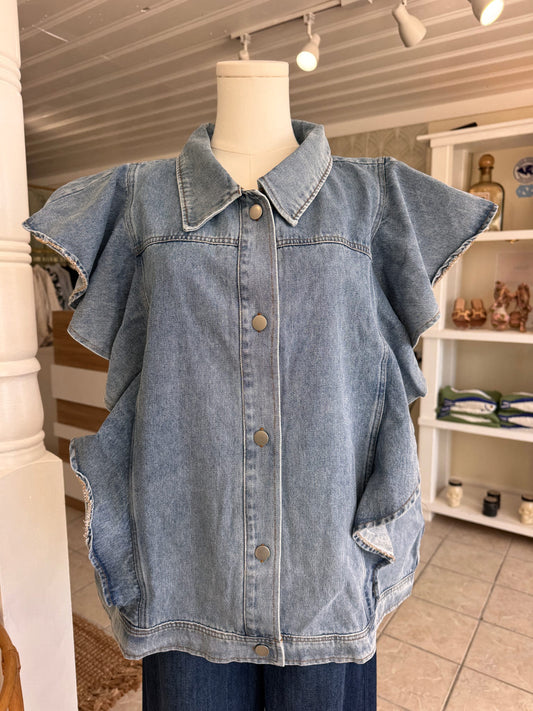 Ruffle Sleeve Denim Top (Plus Size)