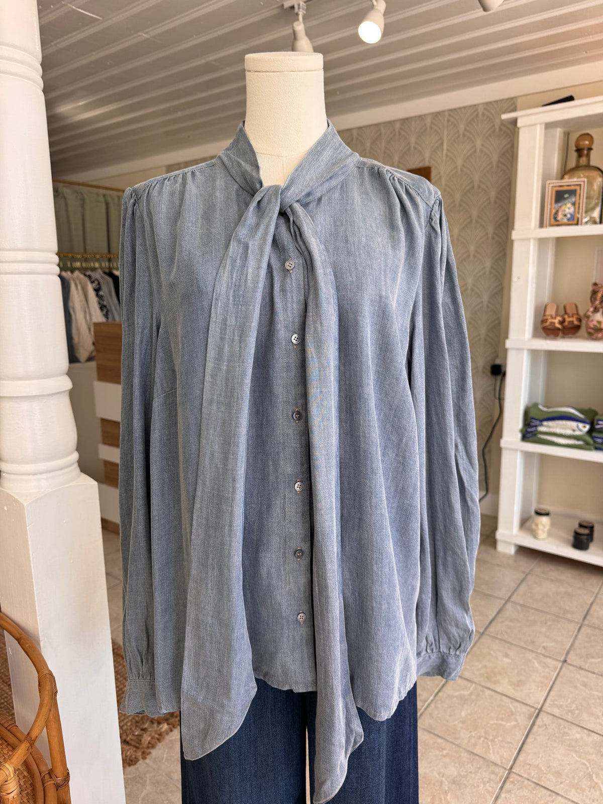 Tie Neck Denim Button Up Blouse (Plus Size)