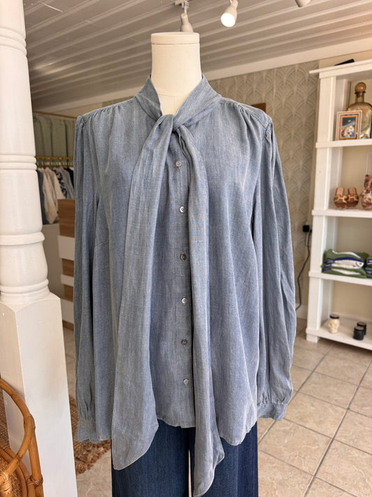 Tie Neck Denim Button Up Blouse (Plus Size)