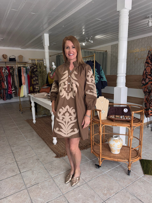 Floral Applique Mini Dress (Brown)