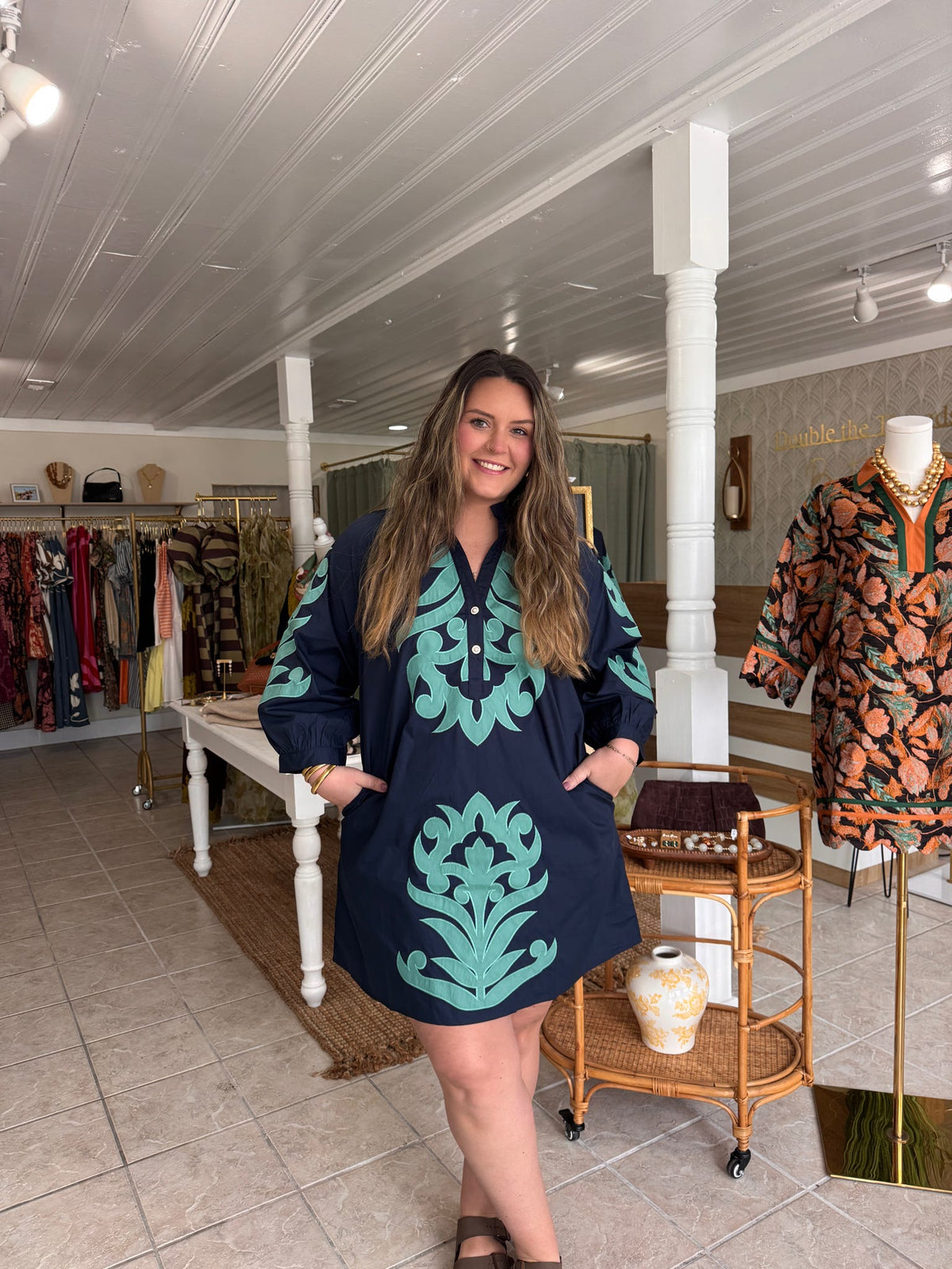 Floral Applique Mini Dress (Plus Size)
